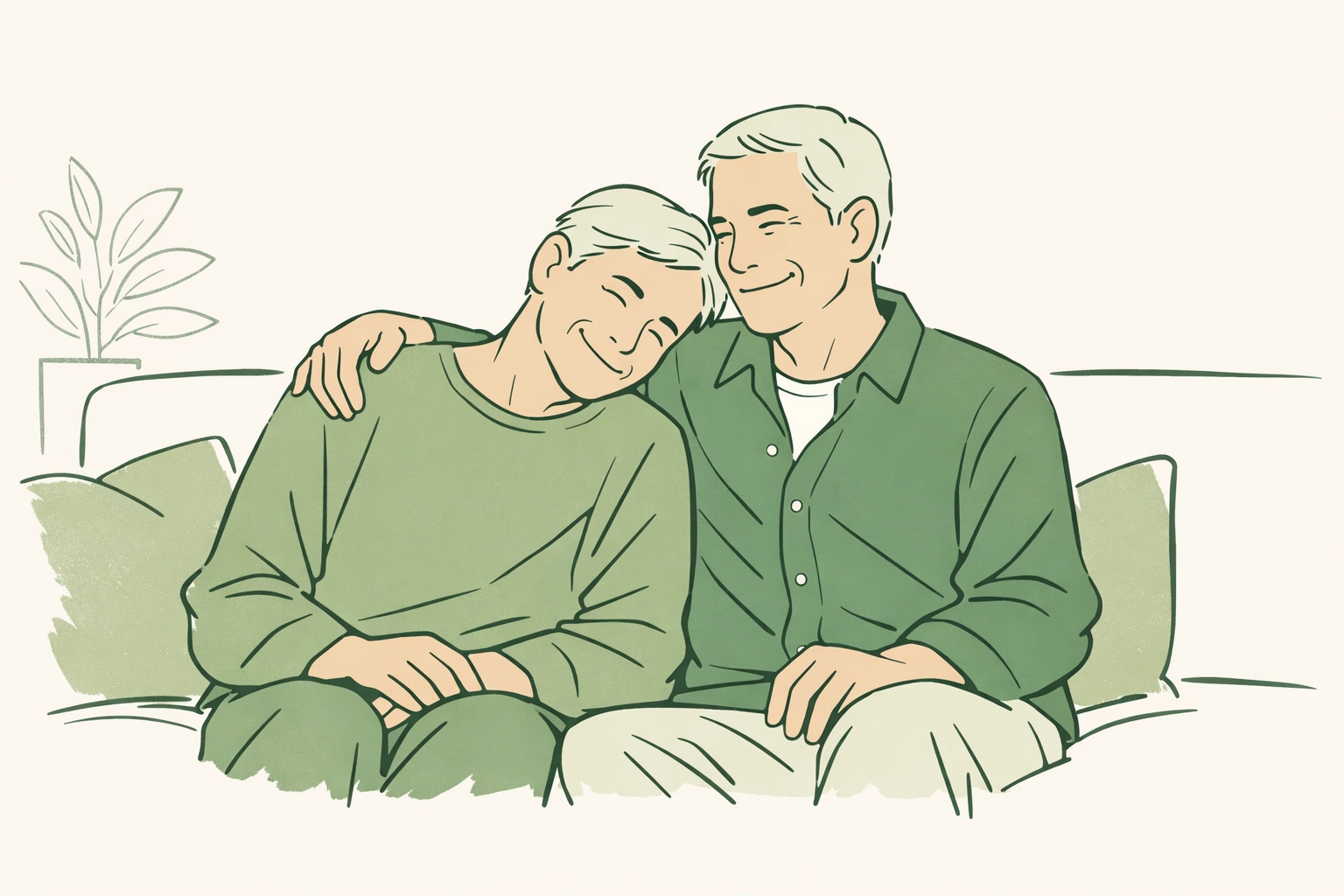 Older gay couple sharing an intimate moment on a sofa, representing the joy of coming out later in life.