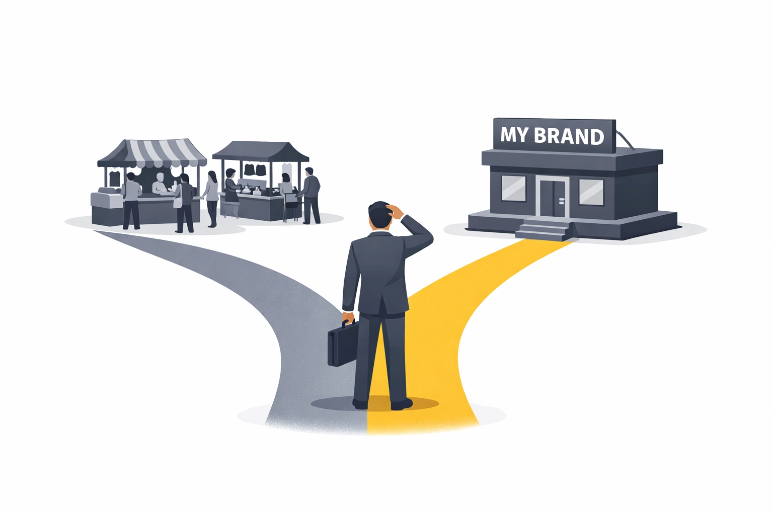 Business owner choosing between marketplace platform and owned live shopping platform