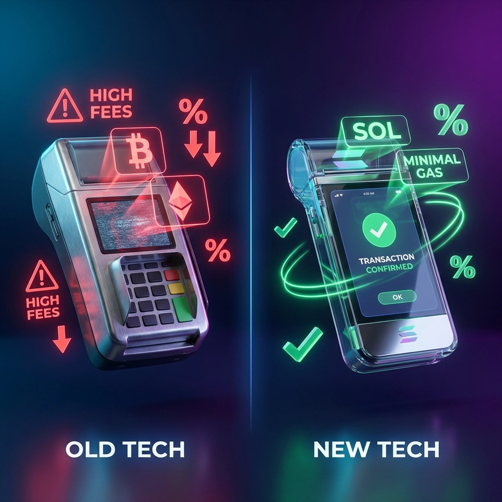 Modern crypto payment terminal comparison showing traditional high-fee systems and Solana-based low-fee technology