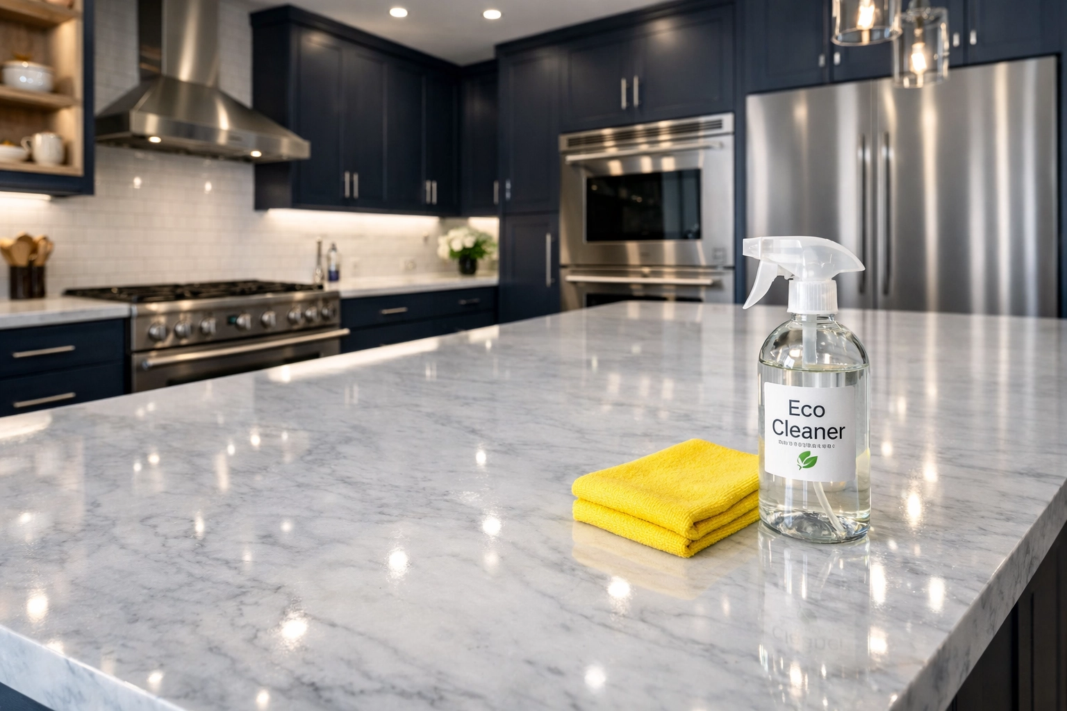 Modern kitchen in West Cambridge featuring polished marble countertops after a meticulous weekly house cleaning.
