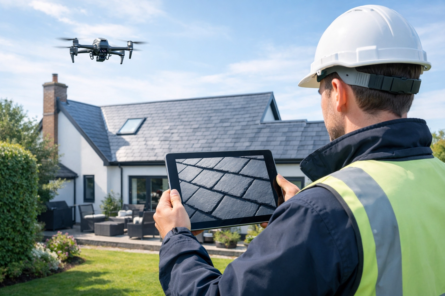 Modern roof survey in Lisburn using drone technology and digital tablets for a precise home inspection.