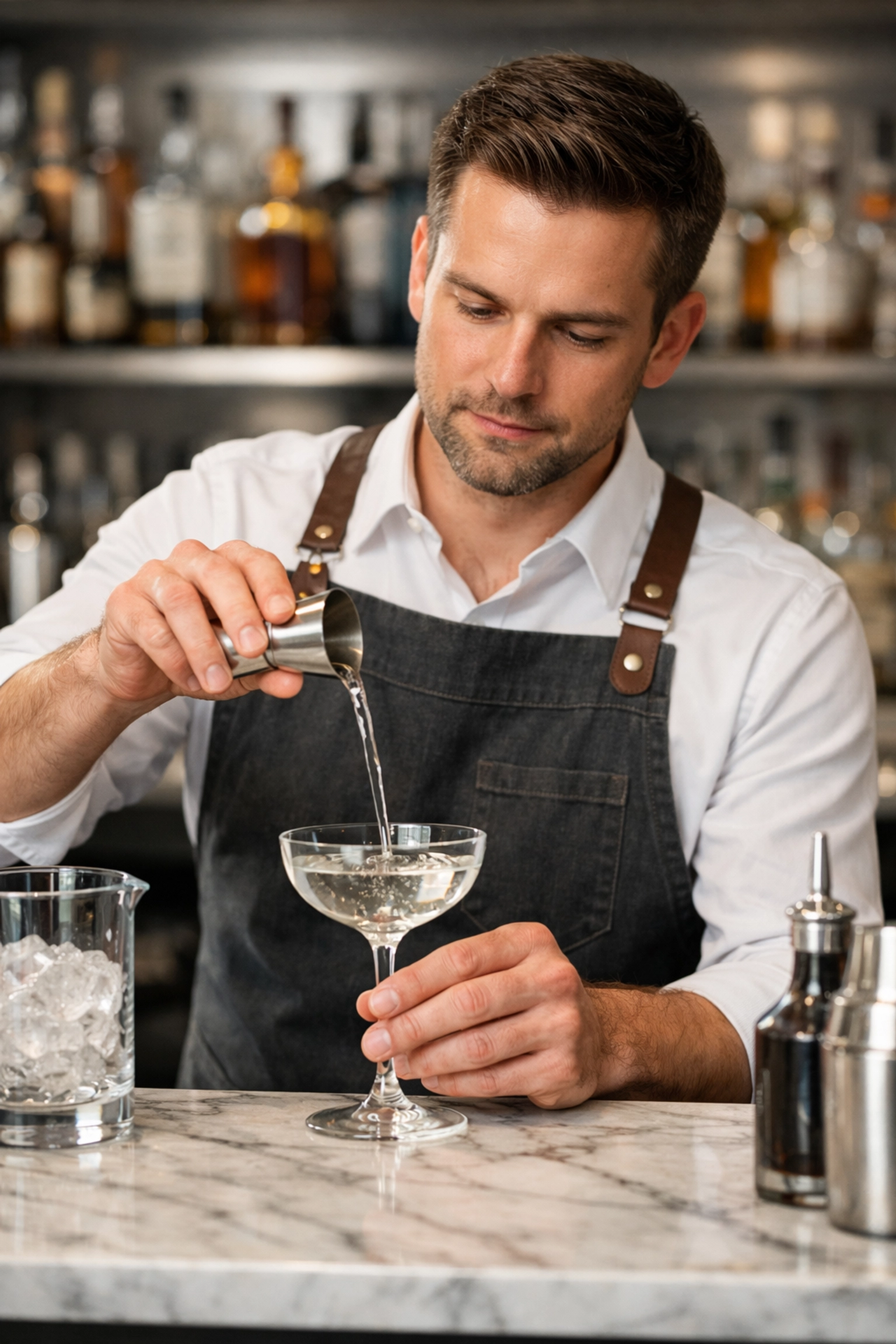Professional bartender following MAST permit rules for responsible alcohol service in a Washington bar.