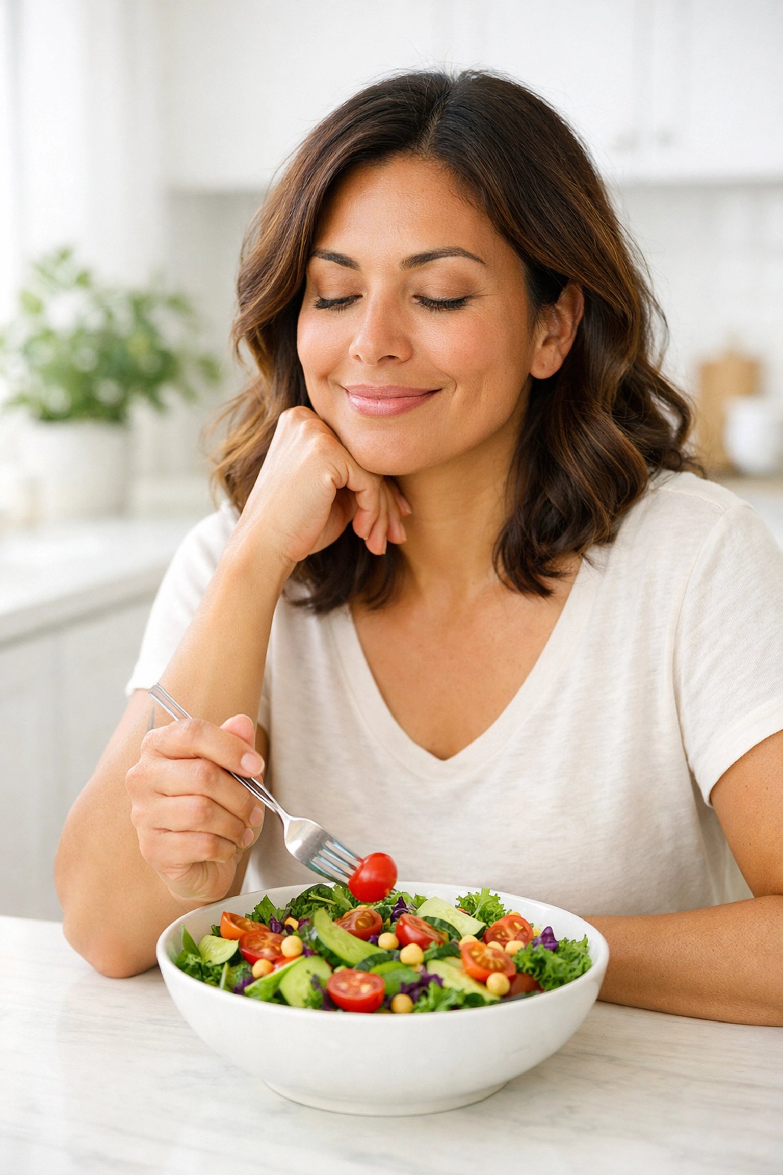 Woman feeling full and satisfied eating a healthy meal, showing tirzepatide appetite control benefits.