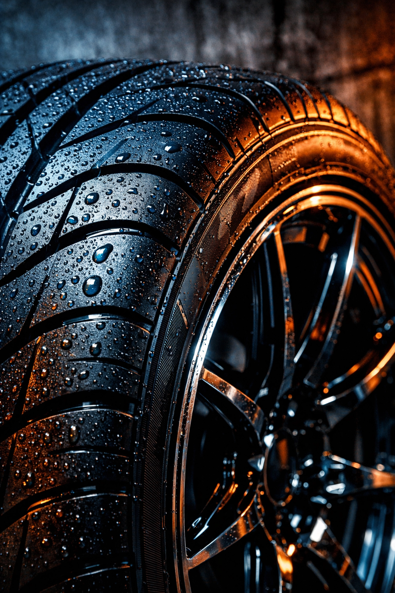 Close-up of performance tire tread pattern on custom black wheel