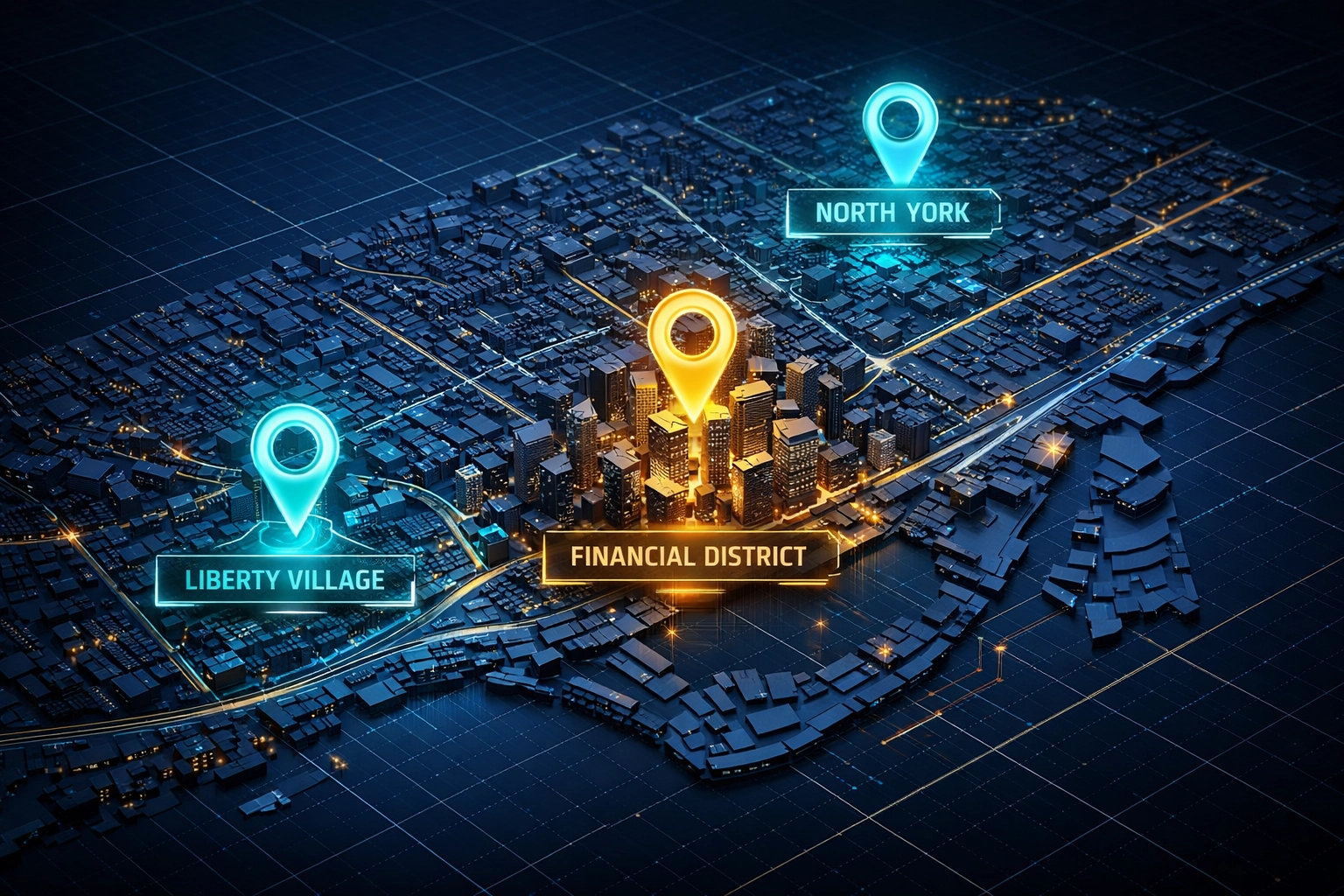 Digital map highlighting Toronto neighborhoods for localized SEO targeting and geographic keyword optimization.
