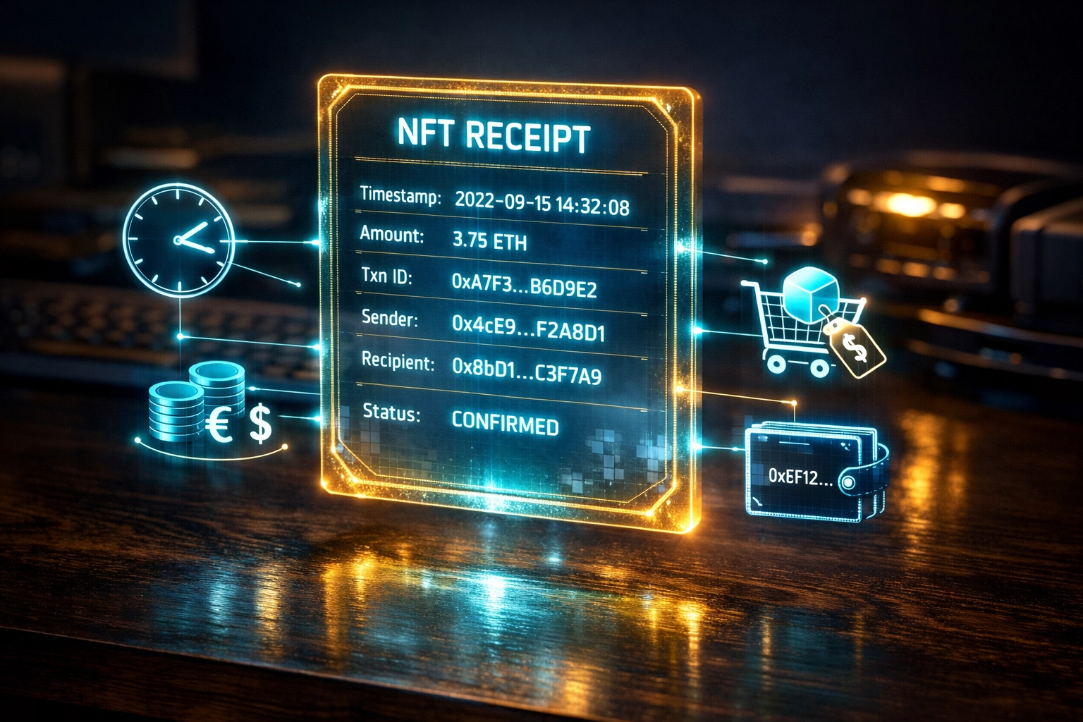 NFT receipt displaying transaction metadata and payment data on blockchain