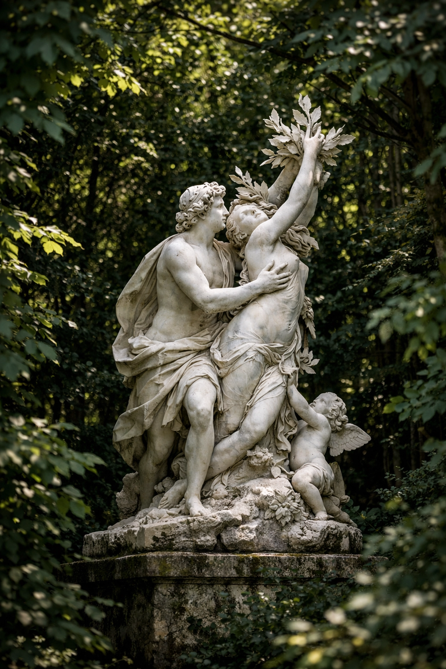 Secluded marble statue in a garden grove at Versailles, perfect for unique photo spots.