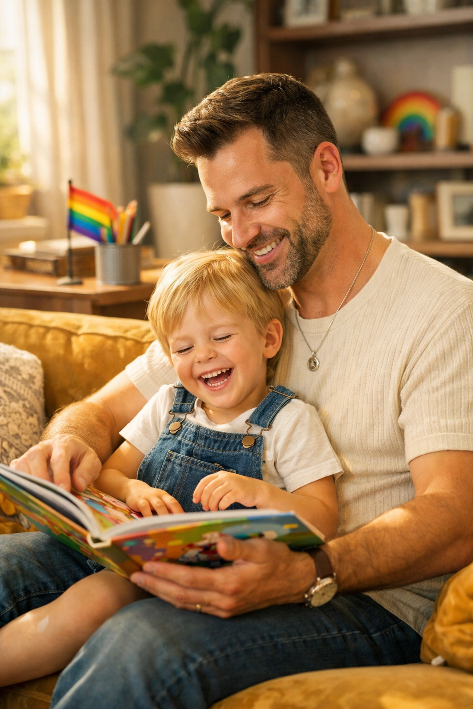 A caring gay uncle reading a book to a child, showing 'mom energy' in an LGBTQ+ family.