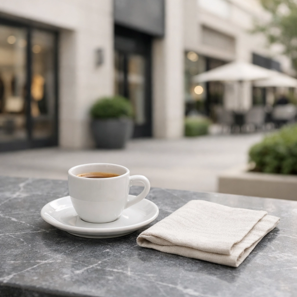 Upscale outdoor dining area highlighting shopping and convenience in the Jackson Township community.