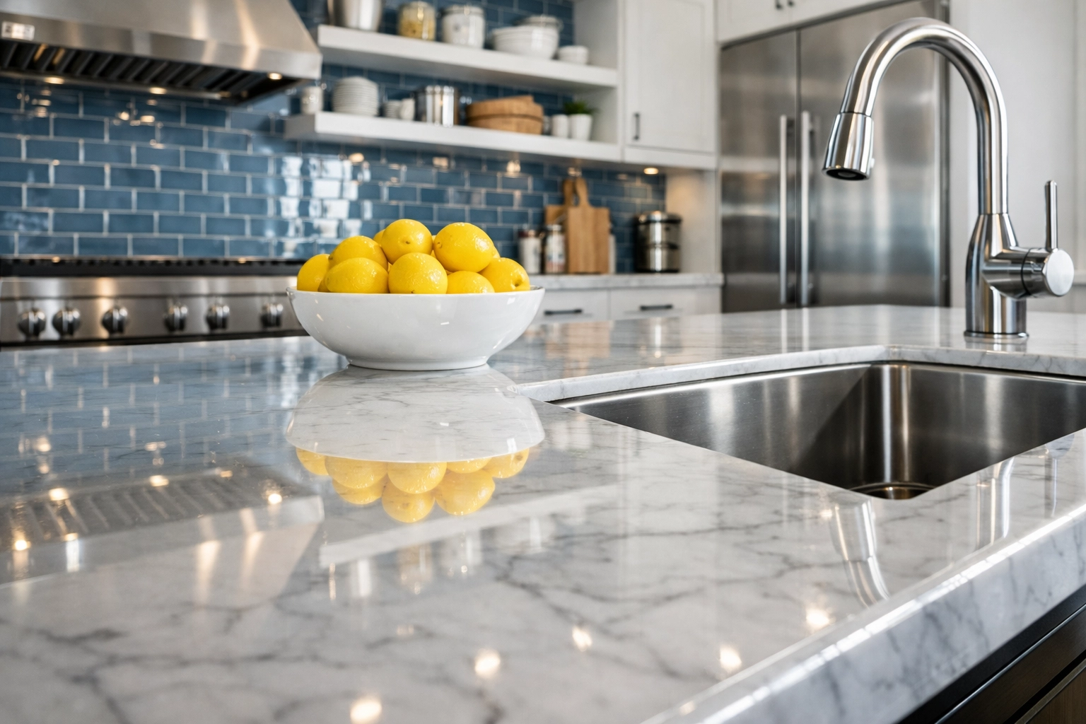 Luxury modern kitchen with marble countertops deep cleaned by Ashburnham house cleaning experts.