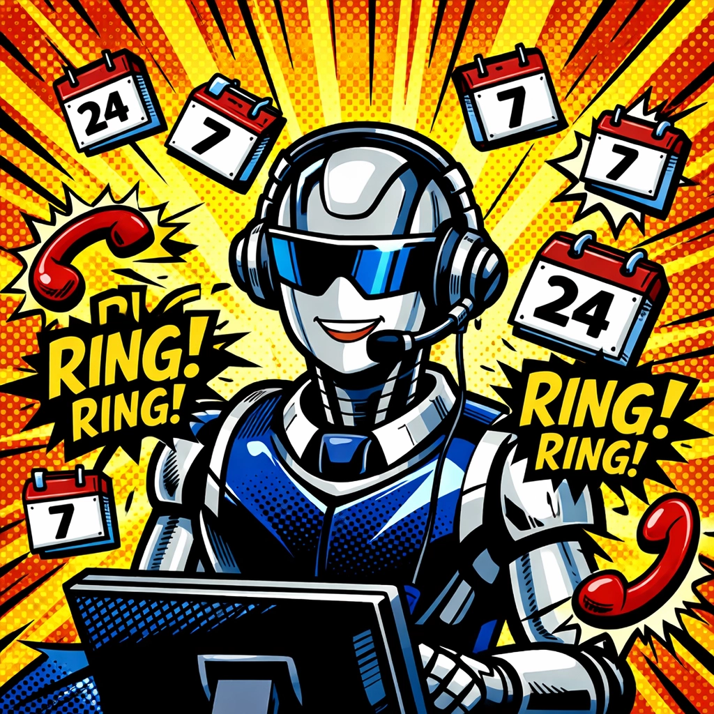 AI receptionist robot with a headset managing phone calls and scheduling appointments for small businesses.