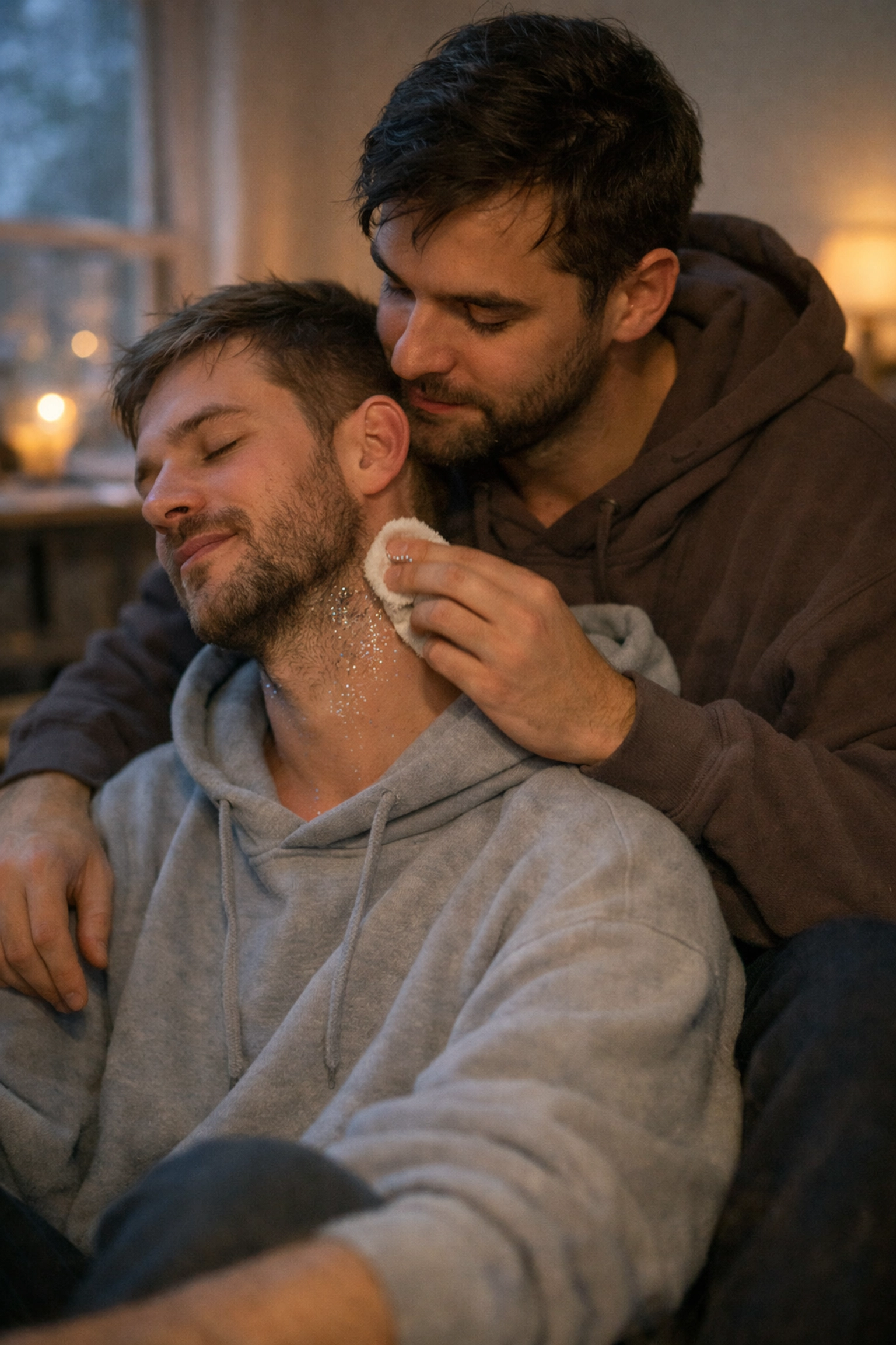 A romantic moment where a gay couple relaxes at home, capturing the heartfelt ending of many MM romance books.