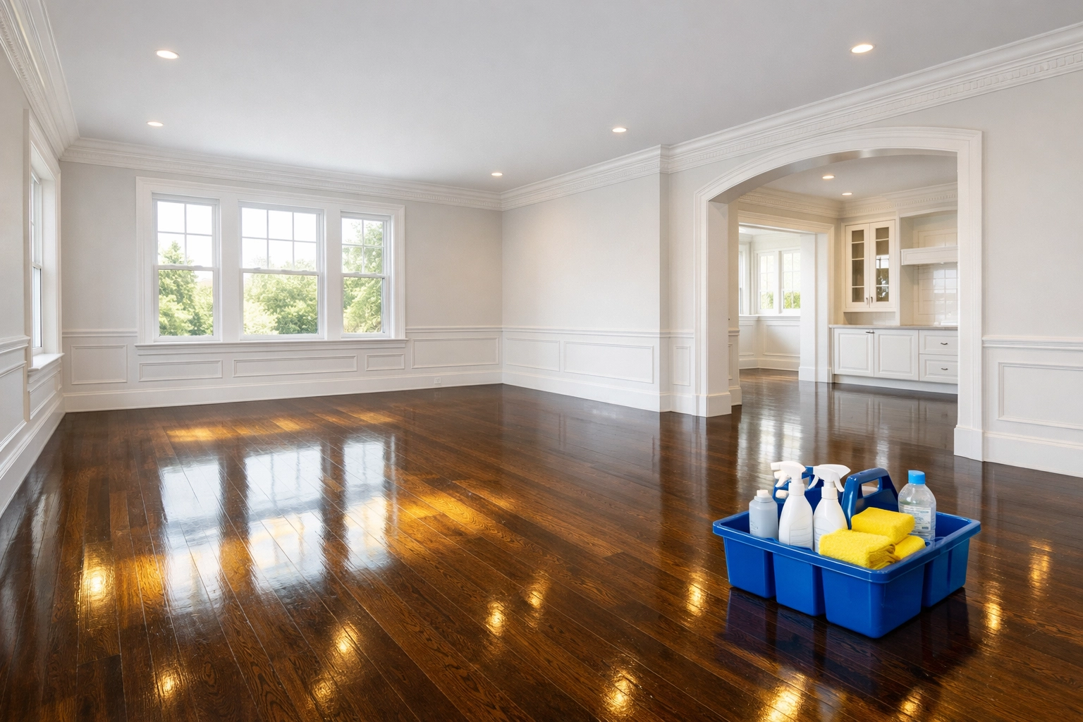 Empty Brookline living room with polished hardwood floors after a professional move-out apartment cleaning service.