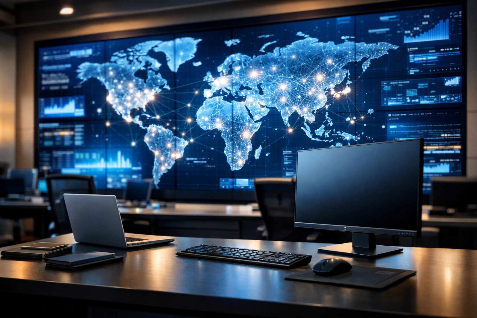 Modern command center managing global logistics and content distribution for multi-sector brand consistency.