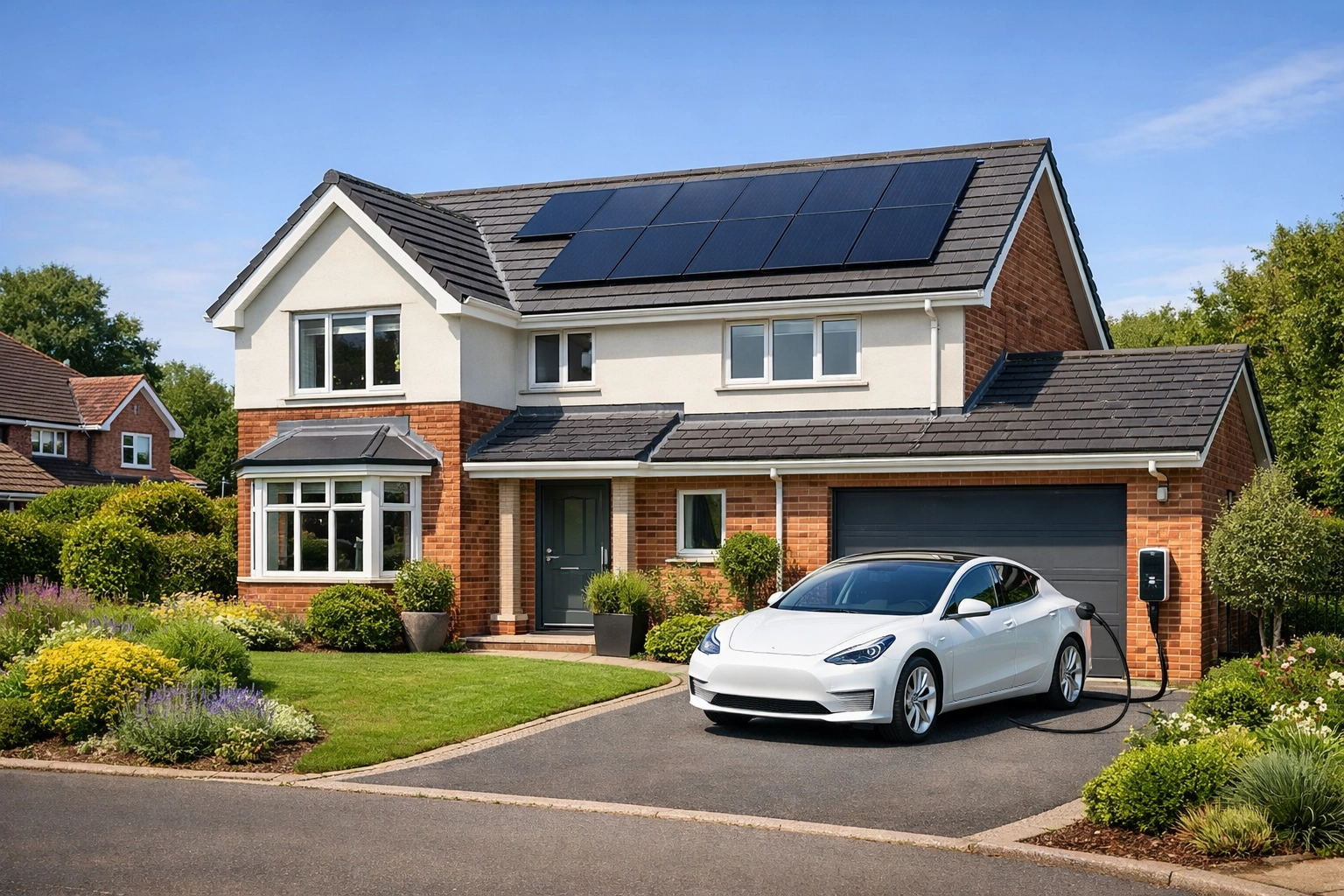 Detached Ferndown home with a new solar PV system and an electric vehicle charging on site.
