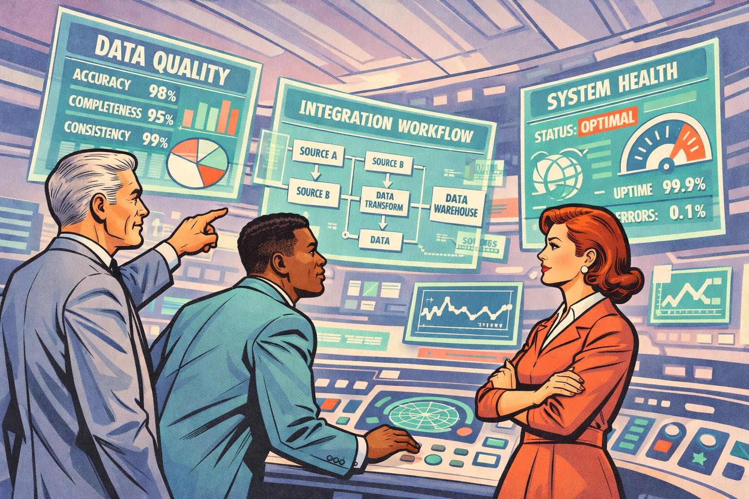 RevOps team monitoring data quality metrics and GTM system health on dashboard screens