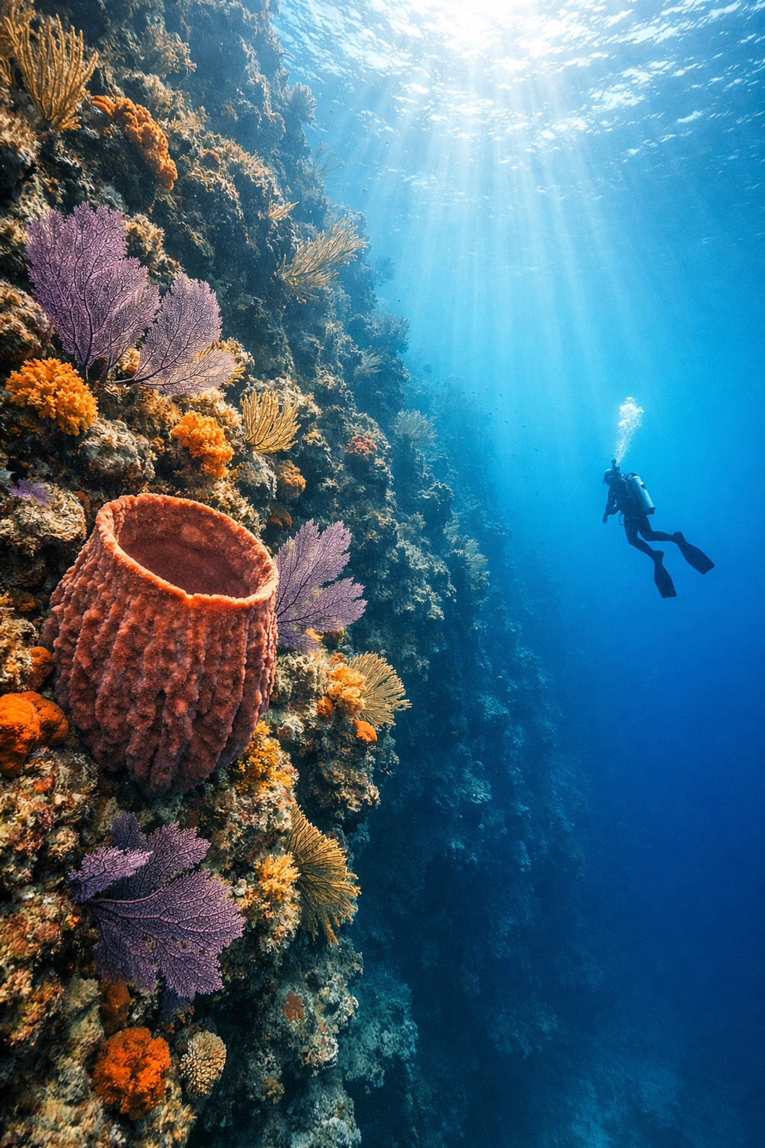 Diver exploring dramatic coral wall in La Parguera, Puerto Rico with colorful sponges and sea fans