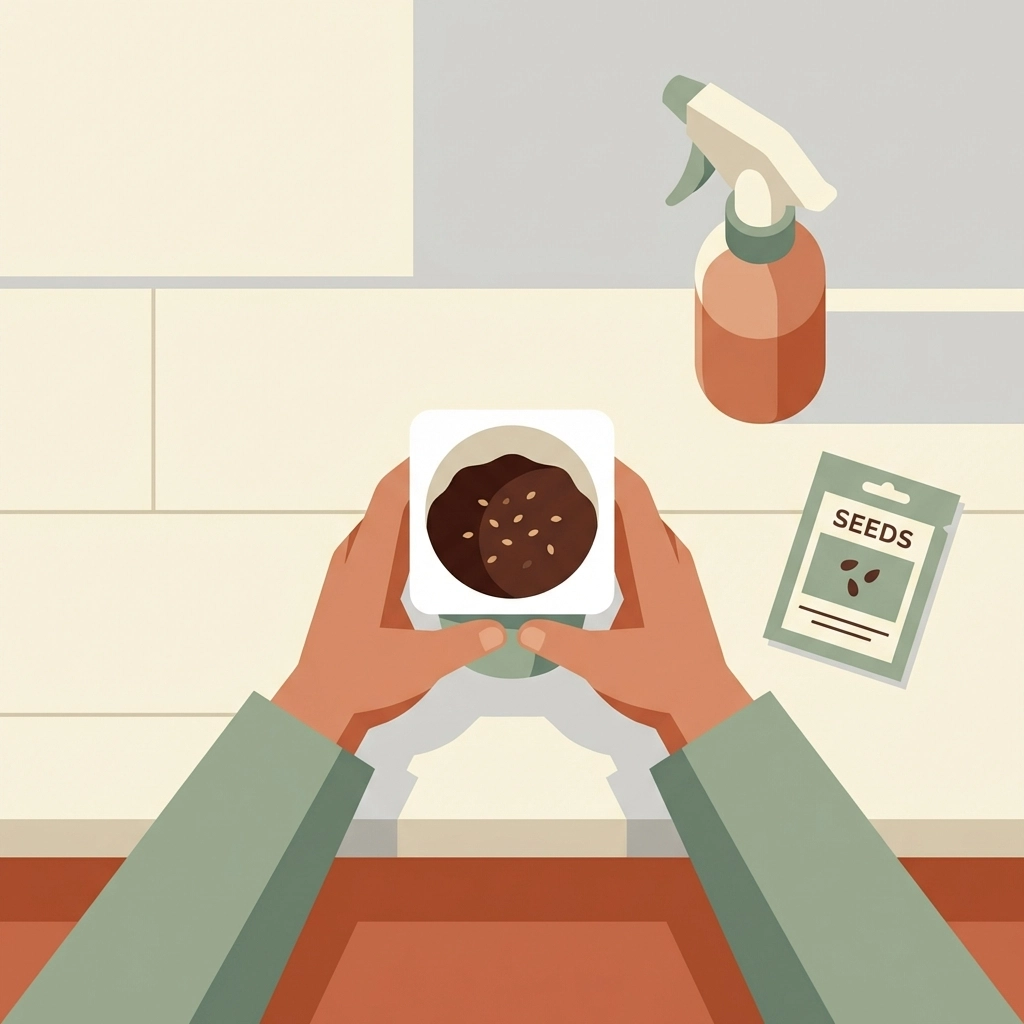 Child's hands holding a yogurt cup of soil and seeds for a DIY mini herb garden project