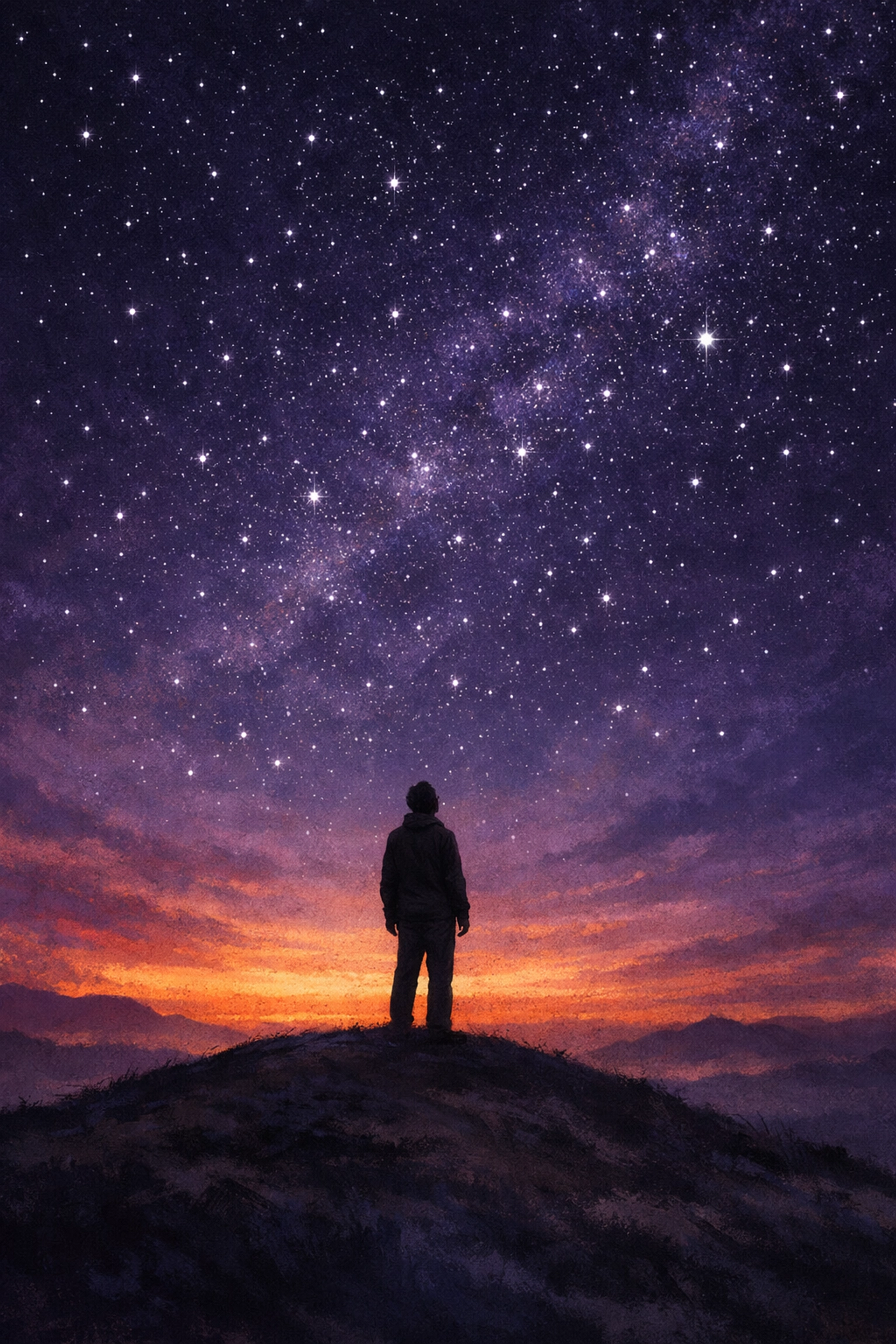 Person looking up at starry night sky in posture of faith and trust in God