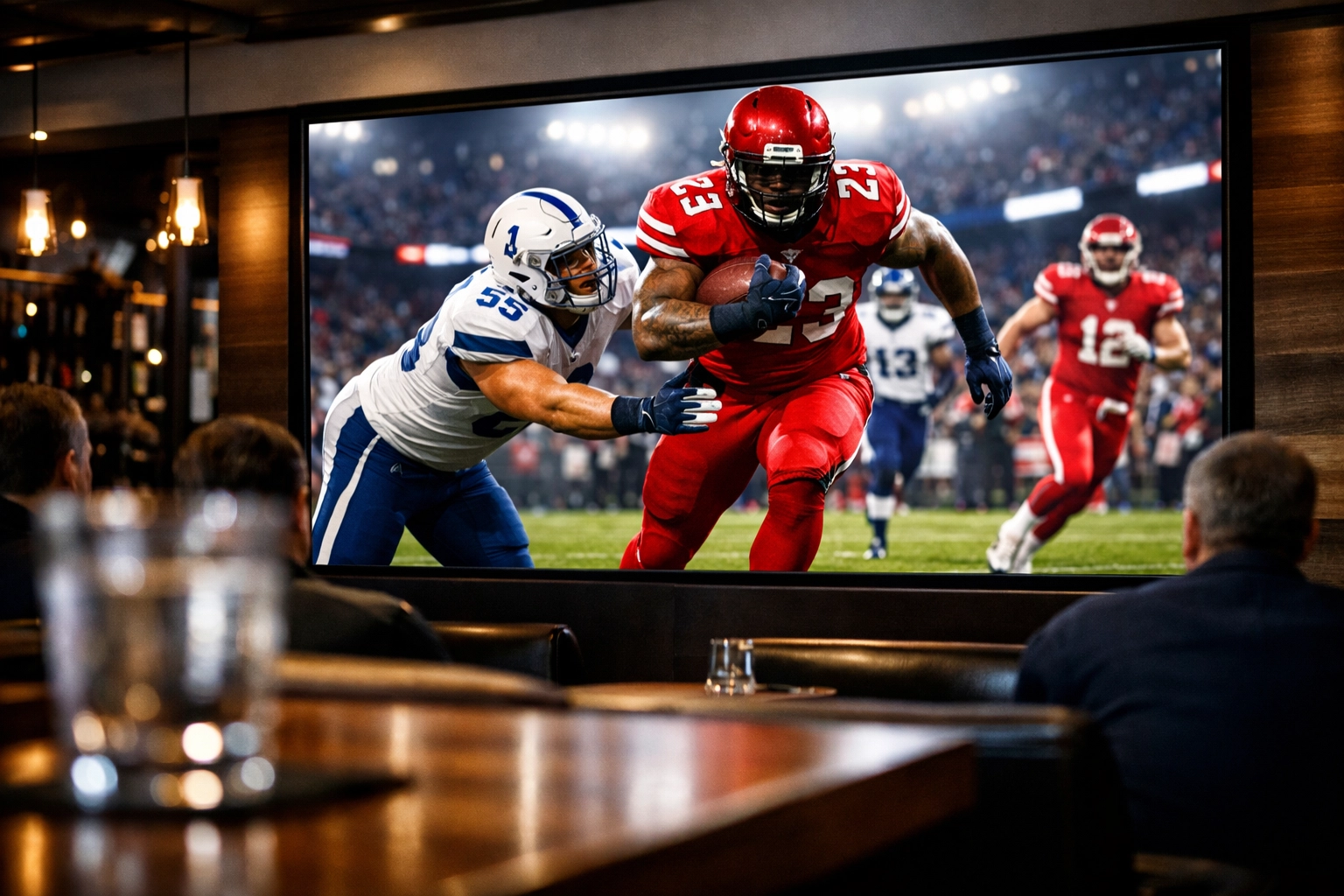 Digital advertising display in a modern sports lounge showing live football for targeted OOH sports branding.