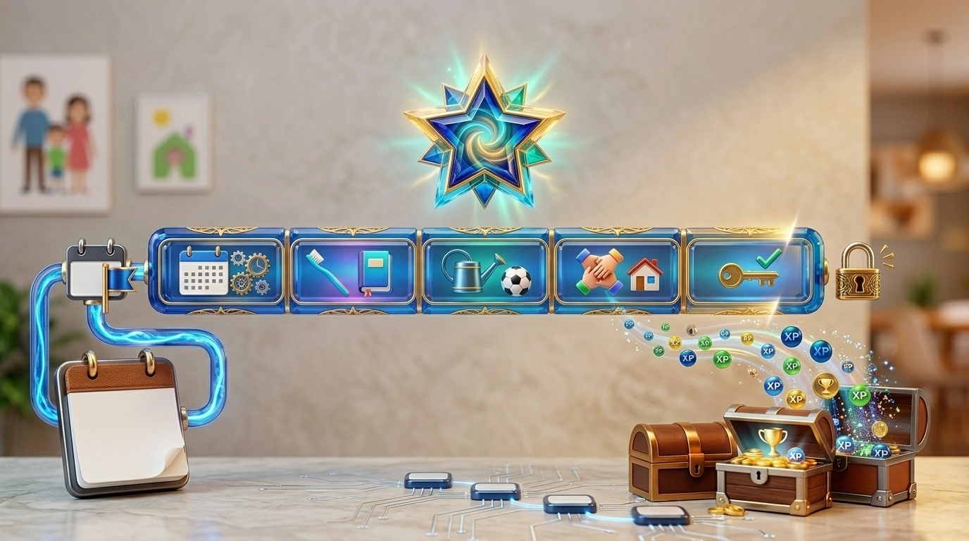 XP and Progress: A vibrant, high-fidelity, dynamic illustration showing achievement blocks, progress tracking, and a star icon