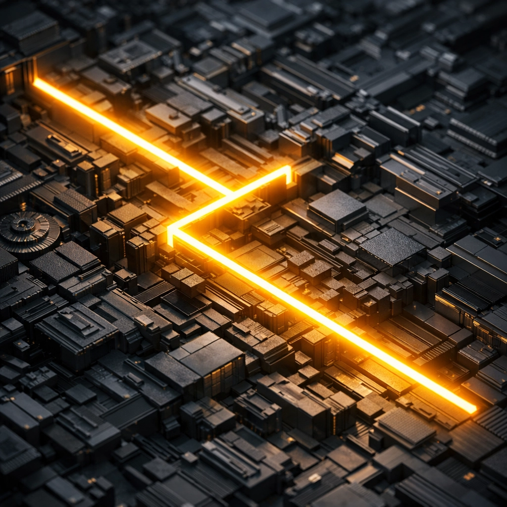 Golden light beam cutting through a labyrinth representing streamlined three-touch process optimization.