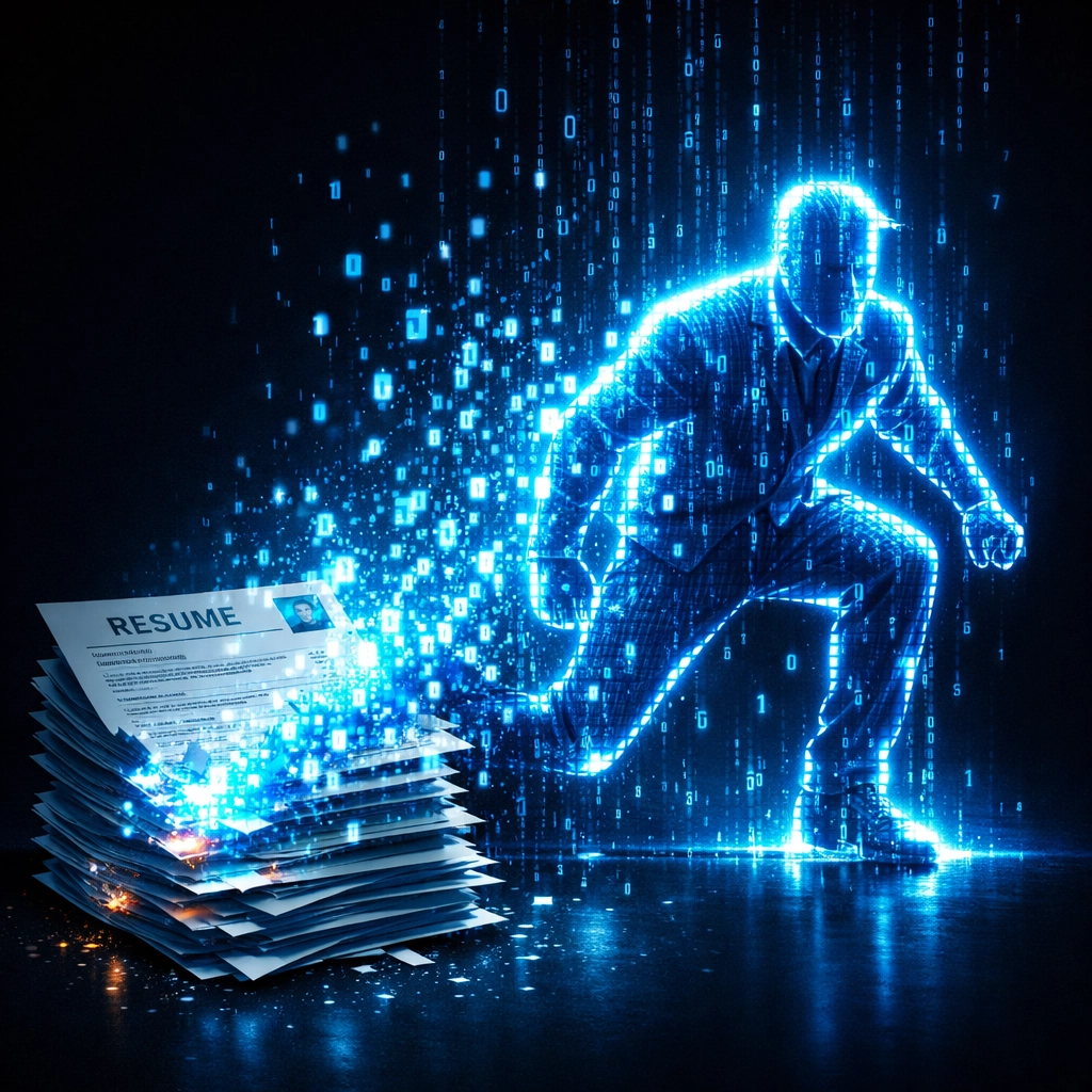 Traditional paper resumes transforming into a digital professional profile via AI assessment tools.