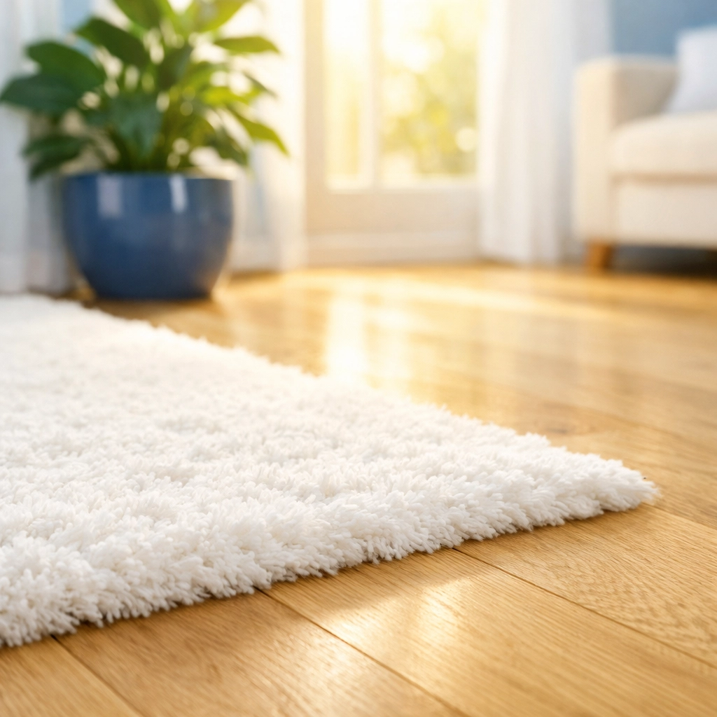 Sanitized hardwood floor and rug safe for pets after professional house cleaning in Acton.