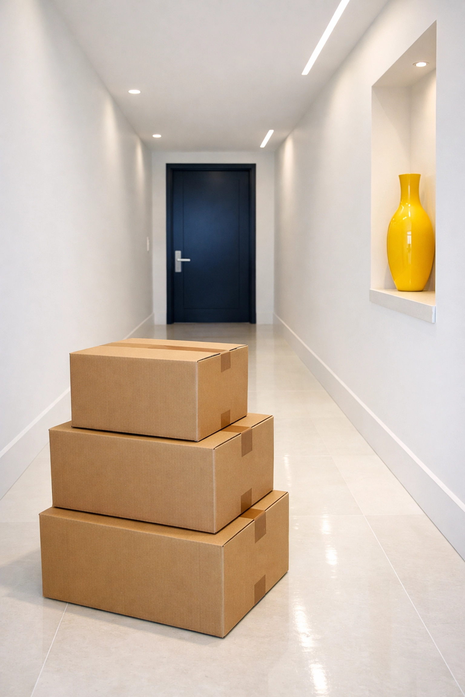 Dust-free hallway with moving boxes representing stress-free move-out cleaning Worcester for local tenants.