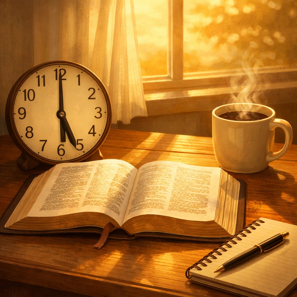 Open Bible next to clock showing 5 PM for biblical news wrap and scripture study time