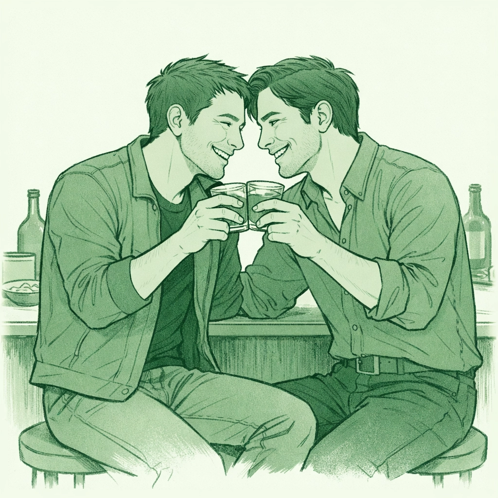 A gay couple sharing a romantic drink at a cozy Shinjuku Ni-chōme bar in a hand-drawn green style.