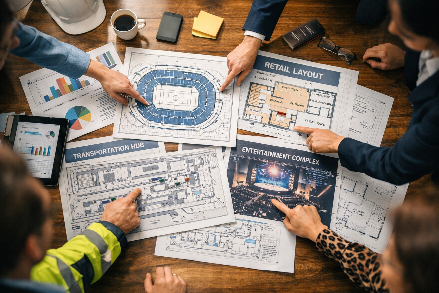 Cross-industry collaboration workspace with sports arena, retail, and entertainment venue plans