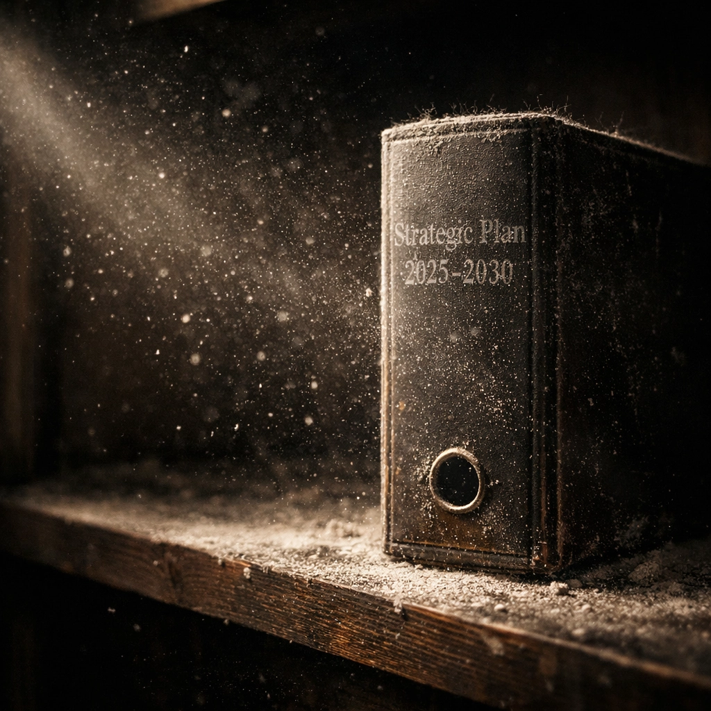 Dusty strategic planning binder on shelf representing unused education plans