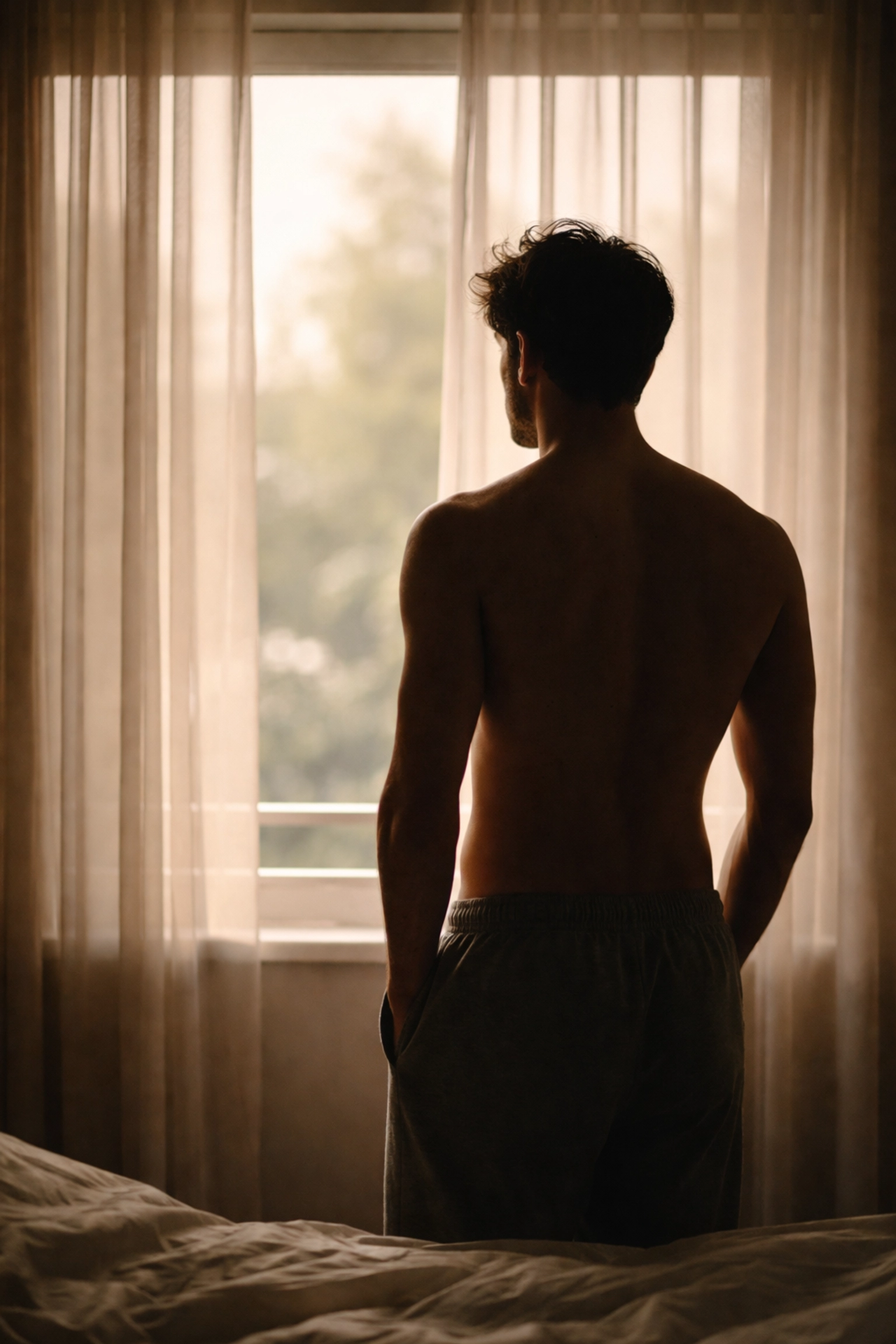 Férfi sziluettje áll az ablaknál reggeli fényben, pornó okozta merevedési zavar és önreflexió érzését ábrázolva.