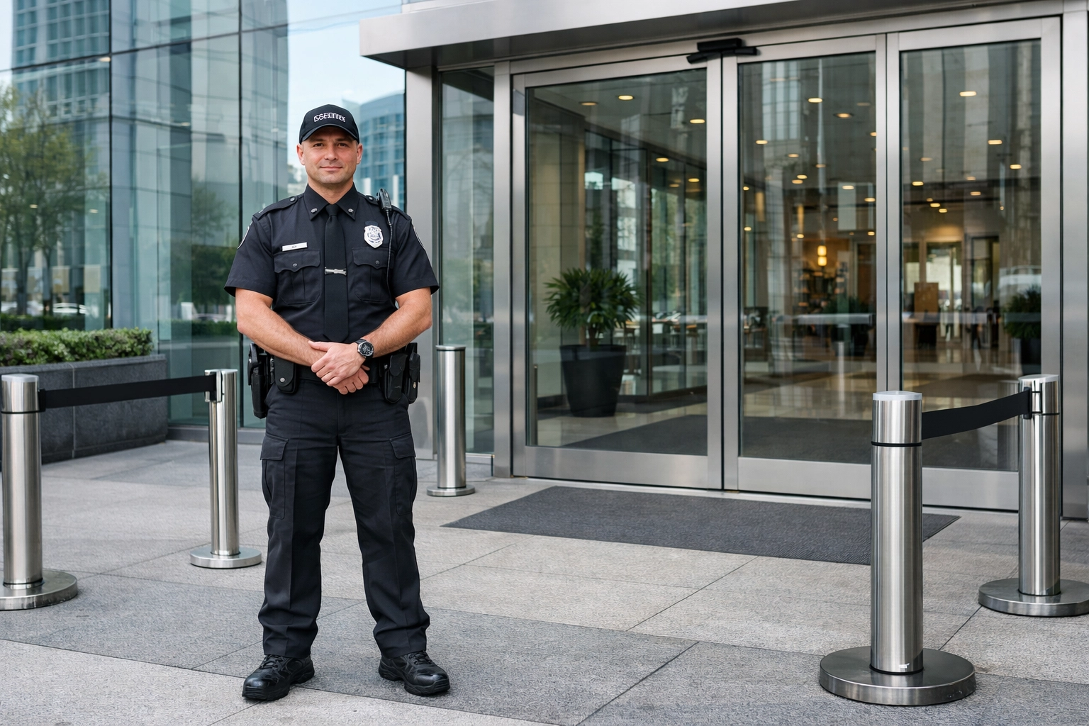 A professional SIA licensed security officer standing guard at a modern corporate building entrance.