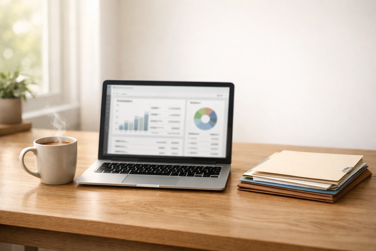 Laptop showing monthly financial reporting on a clean desk for accurate tax preparation and bookkeeping.