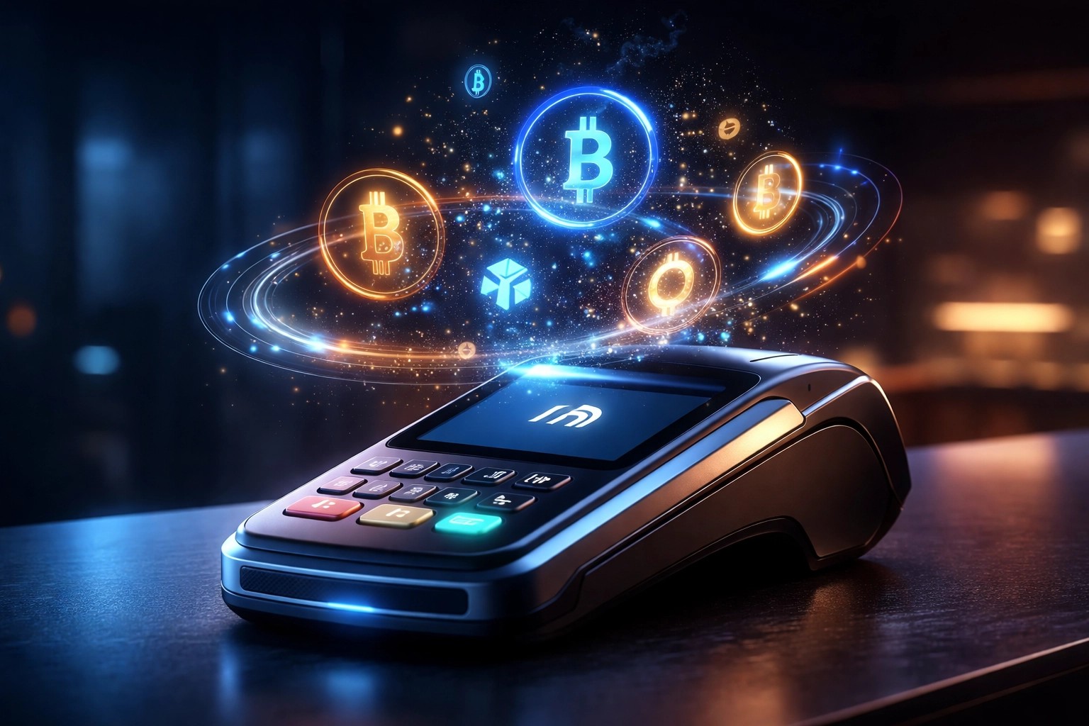 Futuristic crypto POS terminal displaying cryptocurrency symbols for small business merchant payments