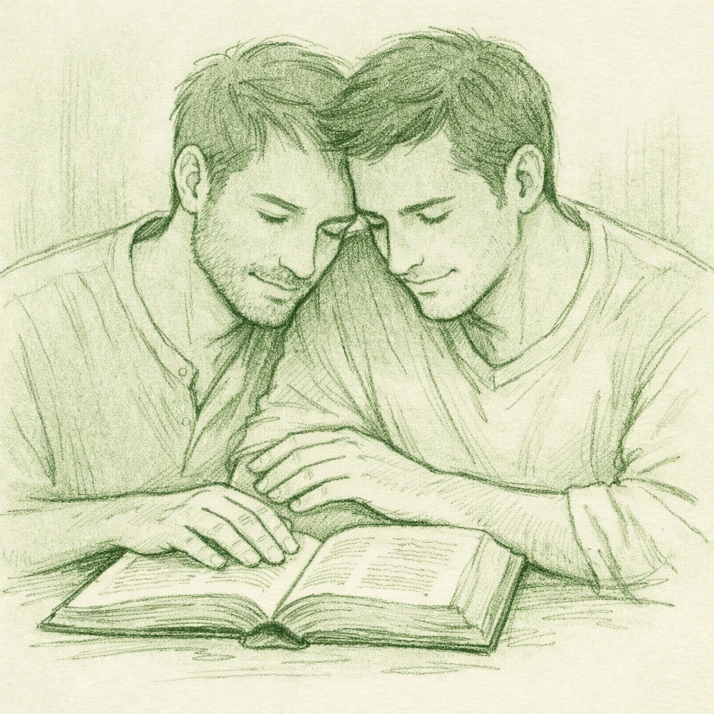 Gay couple reading together symbolizing shared faith and intimacy in MM romance novels