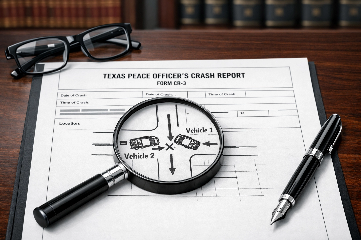 Professional legal review of a Texas car accident report diagram to identify errors after a collision.
