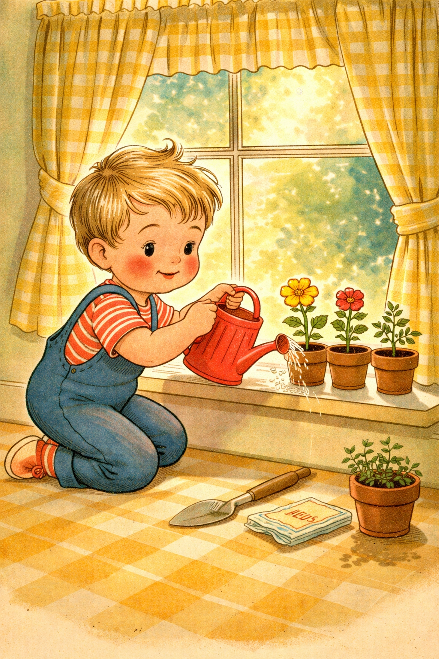 Child watering indoor plants at a sunny window, illustrating responsibility in character-building gardening activities