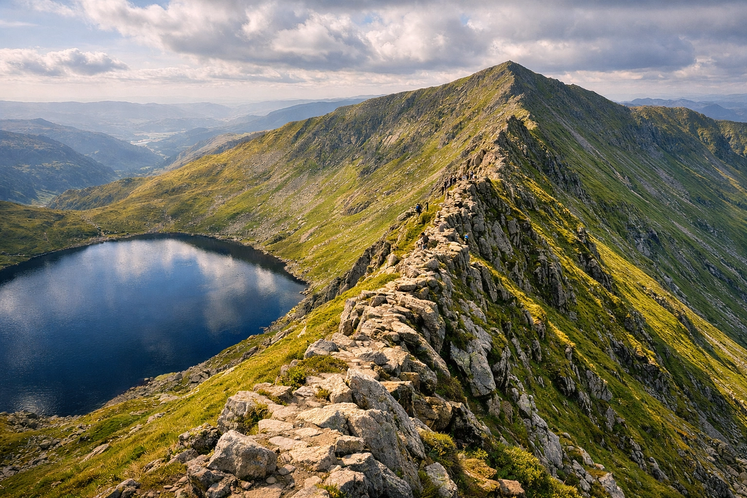 A wide view of Striding Edge on Helvellyn, a thrilling ridge featured in guided hiking tours UK through the Lake District.