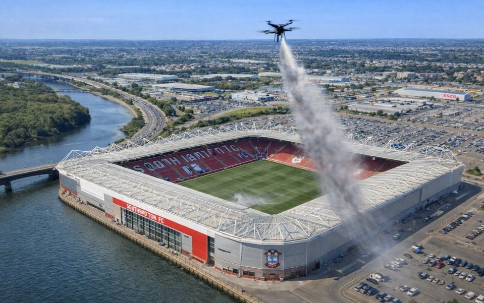 Drone scattering ashes over Southampton FC stadium