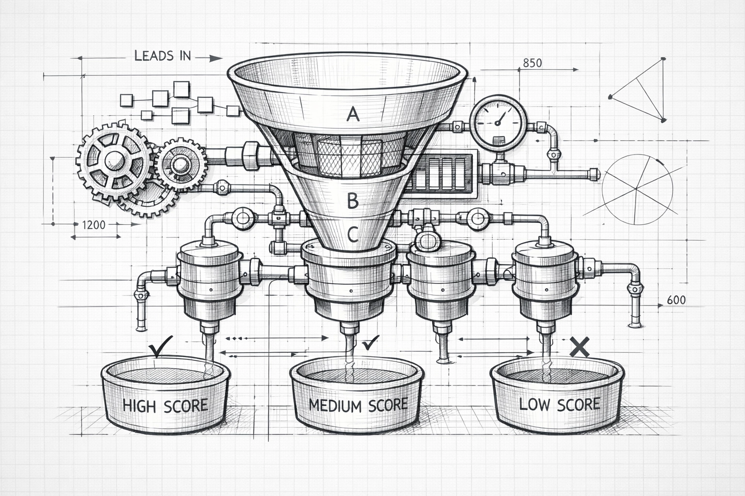 Architectural blueprint of a lead scoring filtration system for optimized sales pipeline automation.