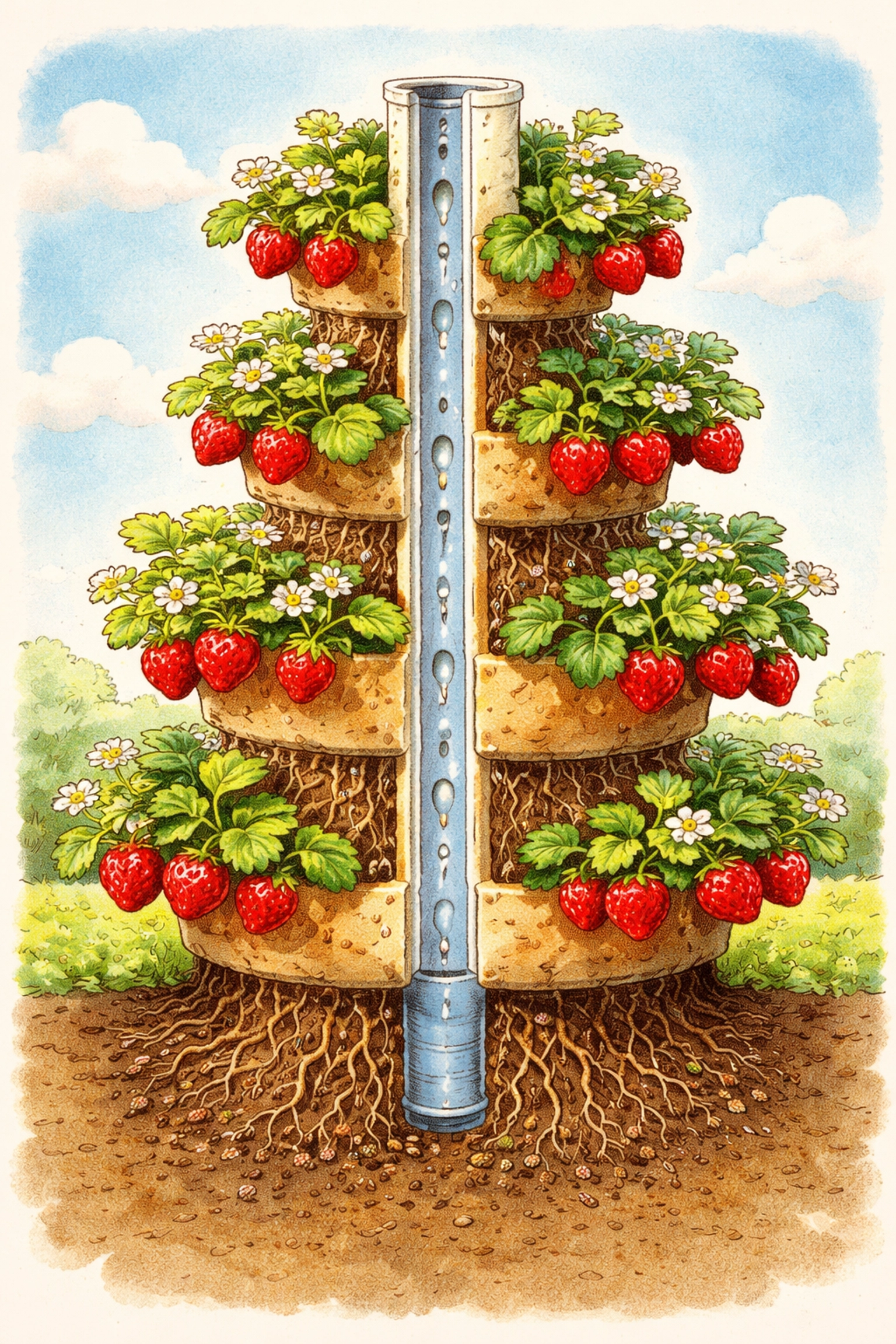 A storybook cross-section view of a vertical strawberry tower with strawberries and a central PVC watering pipe distributing water.