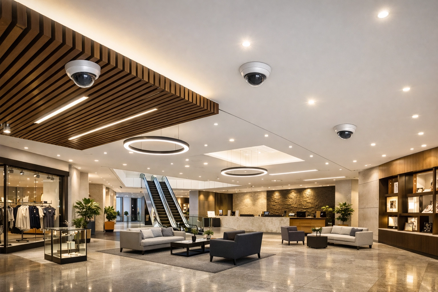 Discreet commercial dome security cameras installed in a modern South Wales business lobby.