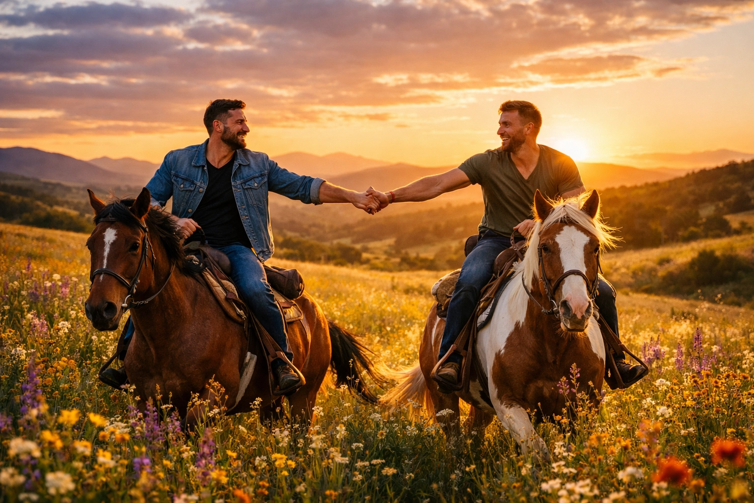 A modern gay couple holding hands while riding horses together through a beautiful wildflower meadow.