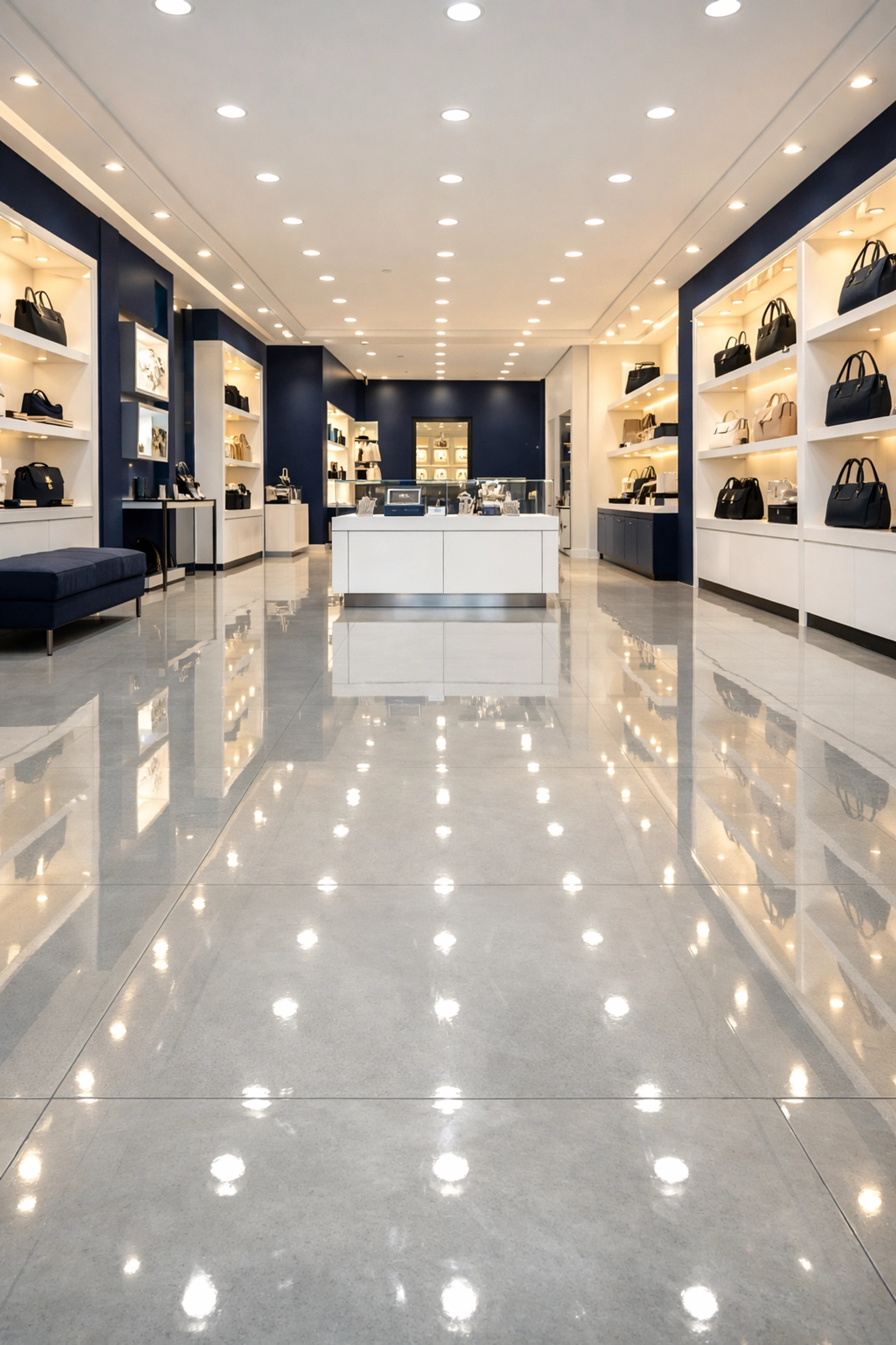 Polished floors and sanitized shelving in a luxury retail showroom in Walpole, MA.