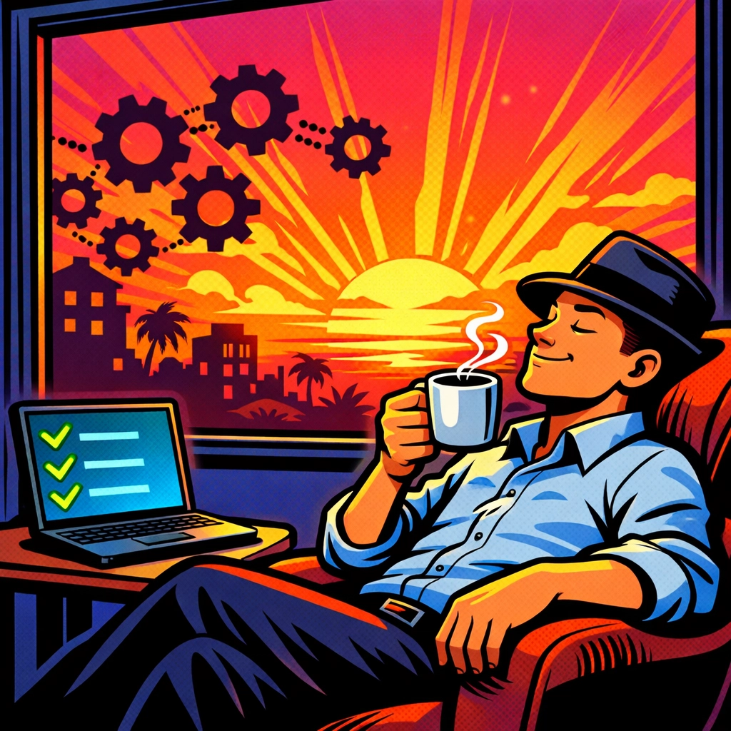 Entrepreneur relaxing while business automation tools complete work in the background.