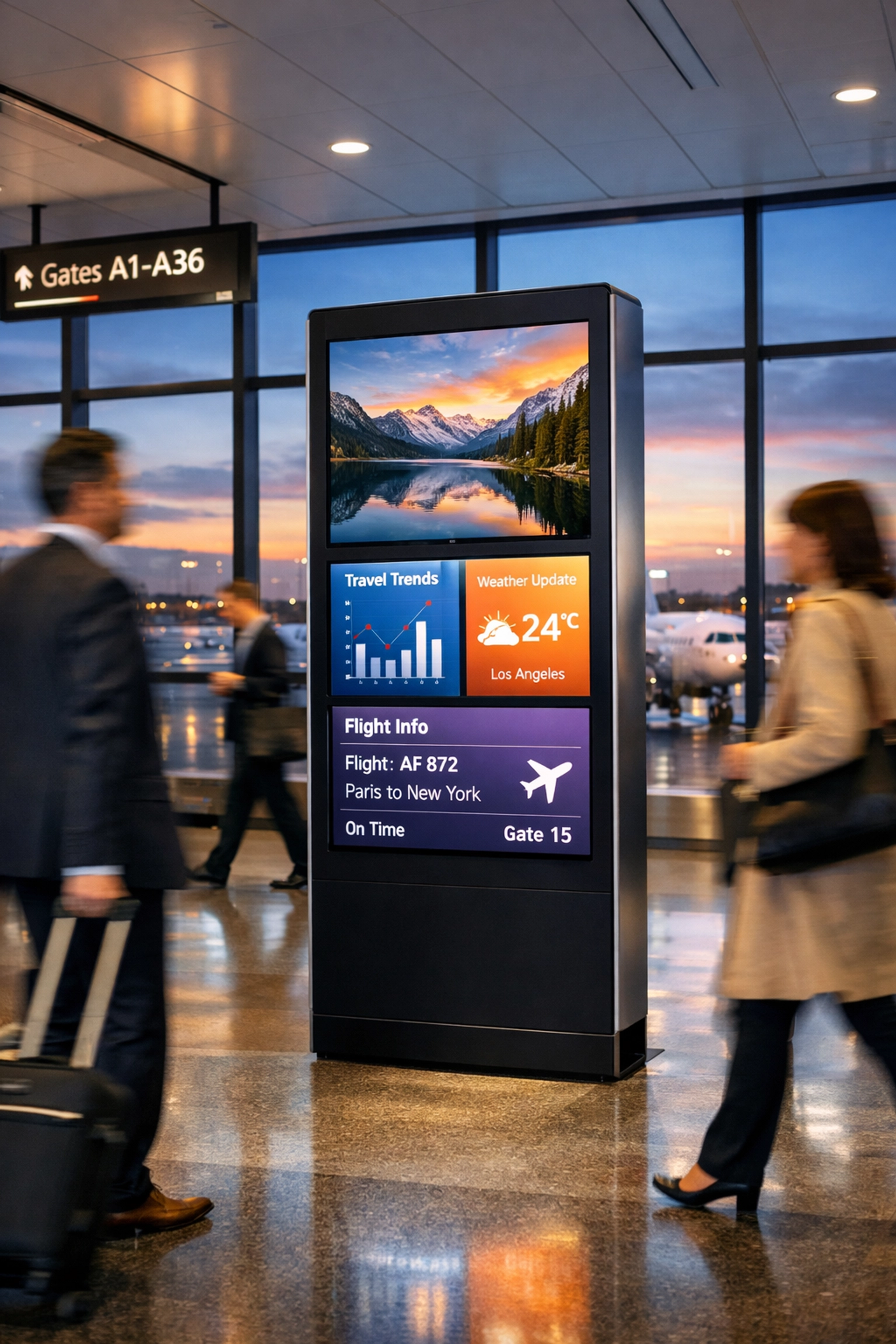 Modern airport terminal with a digital media kiosk used for scaling global brand presence.