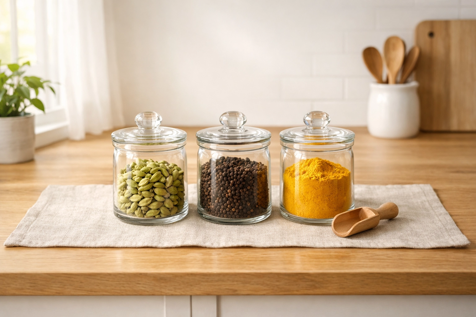 Minimalist kitchen counter with glass jars of green cardamom, black pepper, and turmeric.